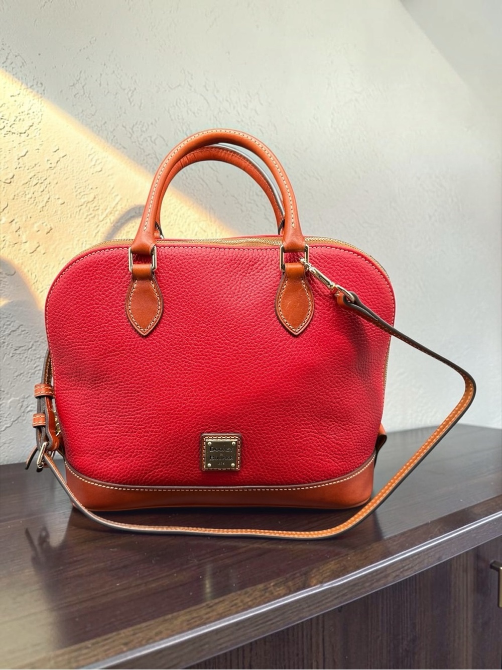 Dooney & Bourke Red Pebble Leather Zip Zip Satchel Dome Bag With Dustbag & Tags
